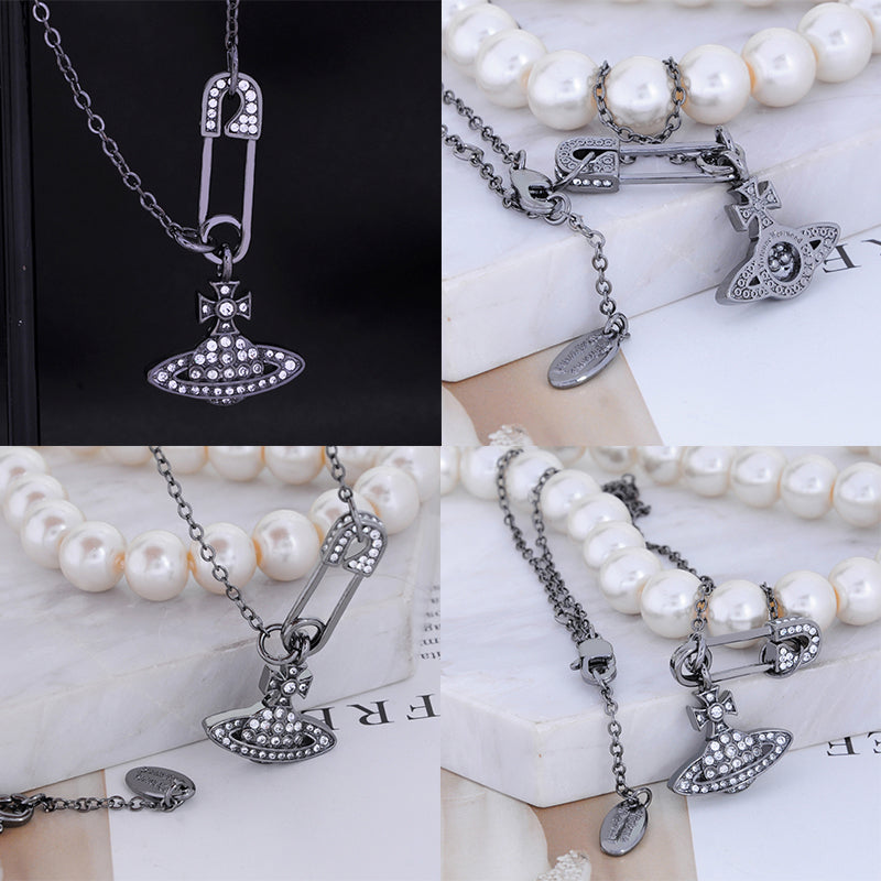 Safety Pin Asymmetrical Gem Studded Orb Pendant Necklace (4 Colors)