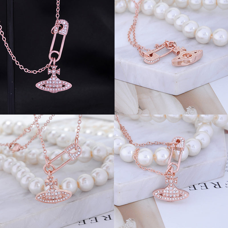 Safety Pin Asymmetrical Gem Studded Orb Pendant Necklace (4 Colors)