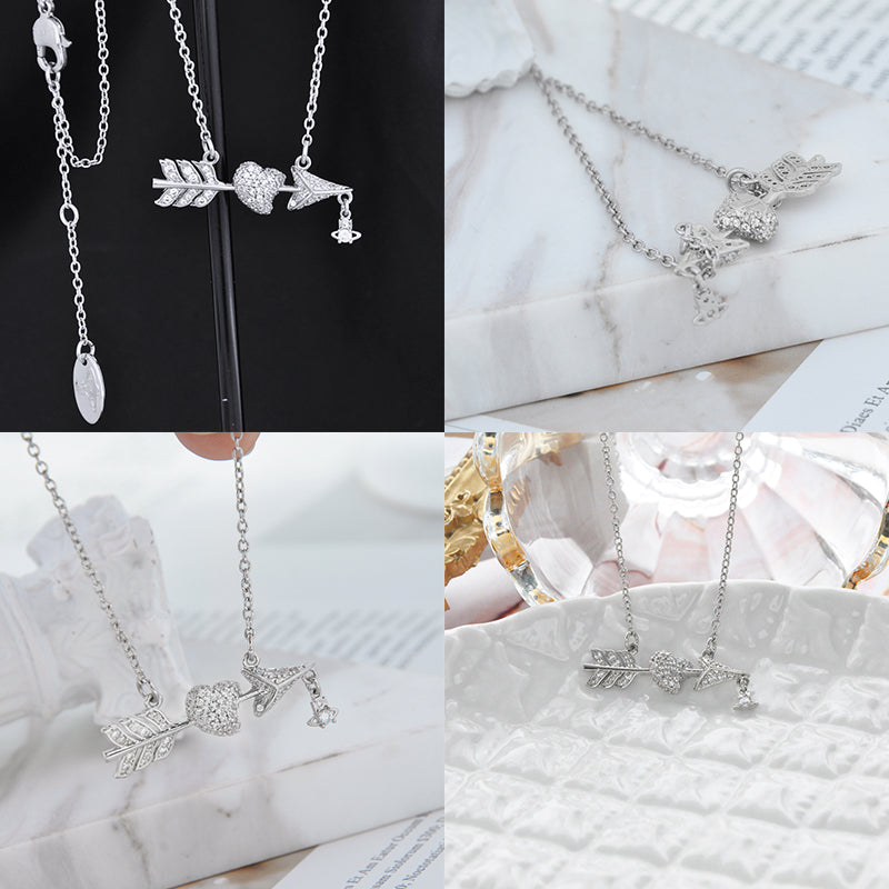 Studded Cupid Heart Arrow Design Hanging Orb Pendant Necklace (3 Colors)