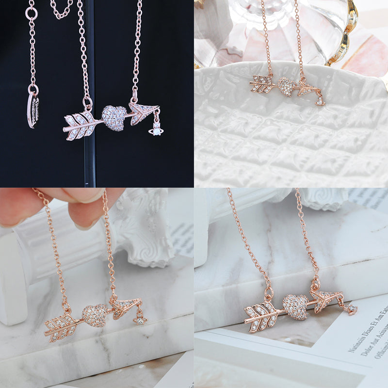 Studded Cupid Heart Arrow Design Hanging Orb Pendant Necklace (3 Colors)