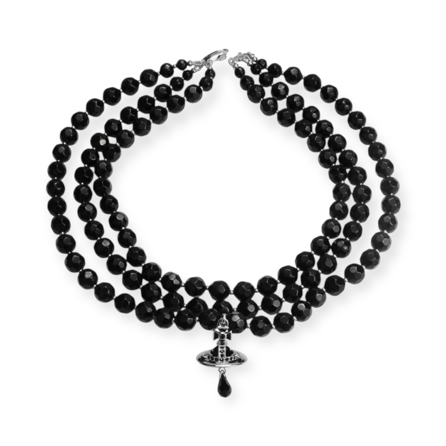 Triple Layer Black Beaded Crystal Water Drop Pearl Orb Pendant Choker Necklace
