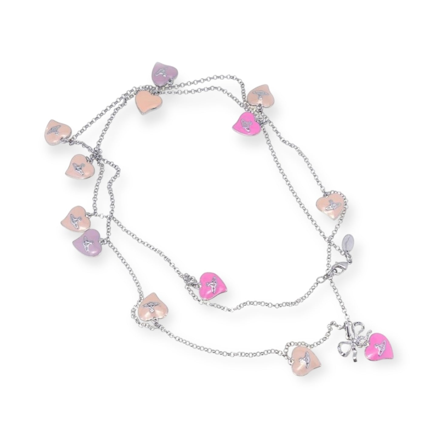 Multi Heart Double Layer Pink Bow & Cream Engraved Pendant Charmed Necklace