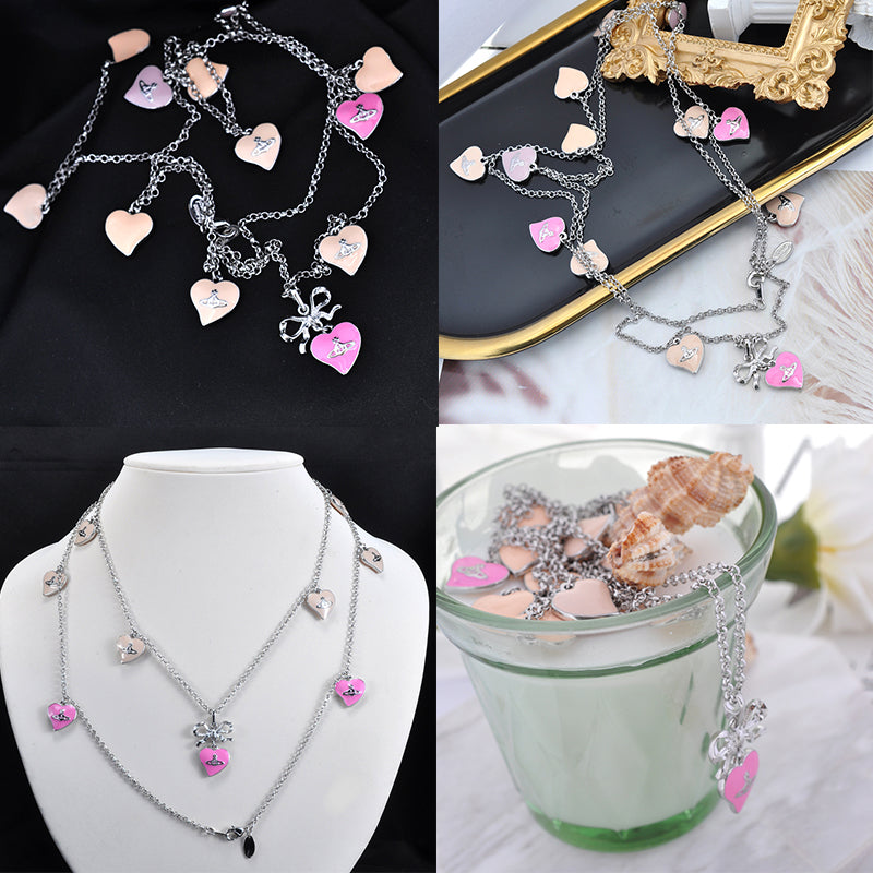 Multi Heart Double Layer Pink Bow & Cream Engraved Pendant Charmed Necklace