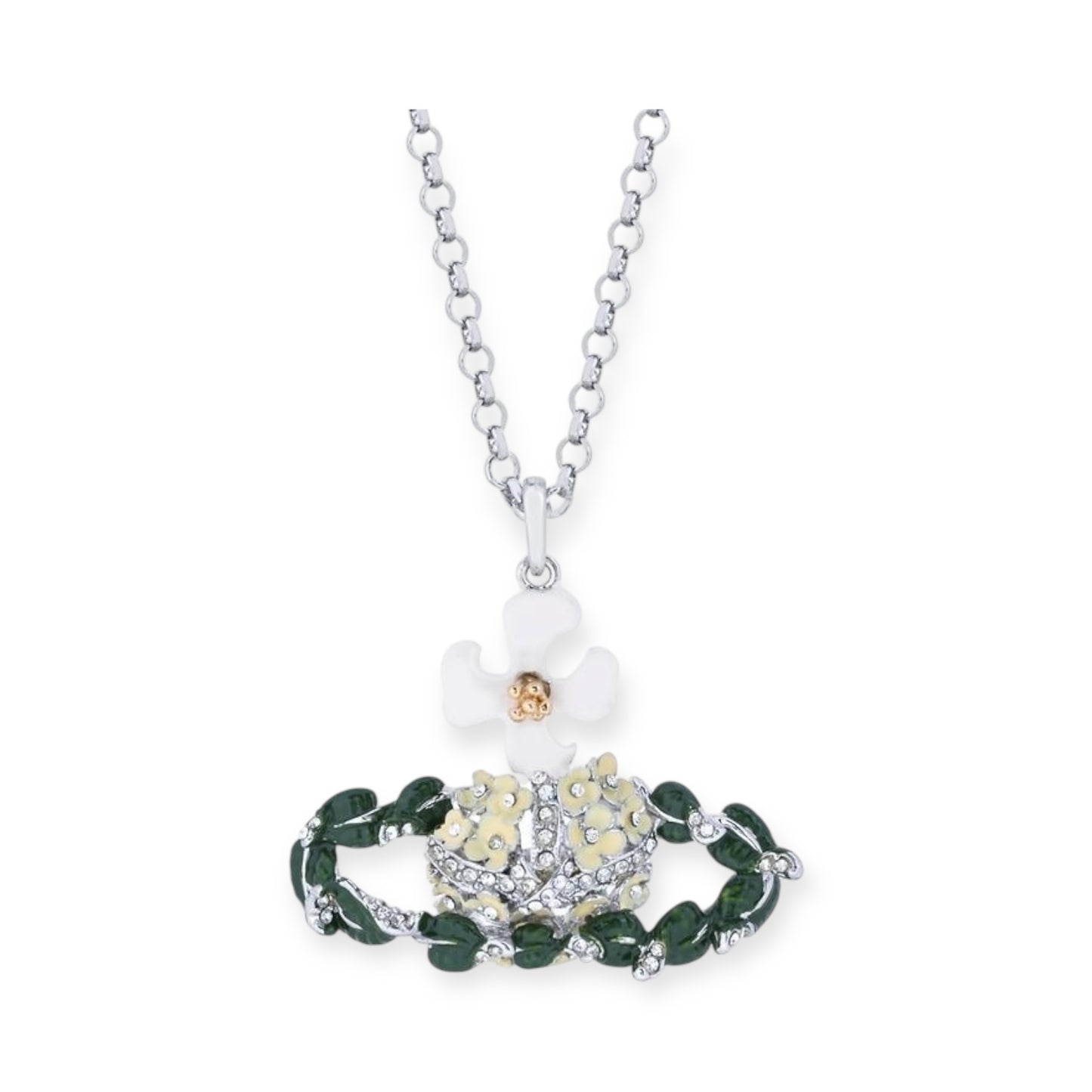 Floral Leaves Garden Gem Studded Orb Pendant Necklace