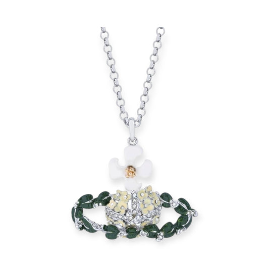 Floral Leaves Garden Gem Studded Orb Pendant Necklace