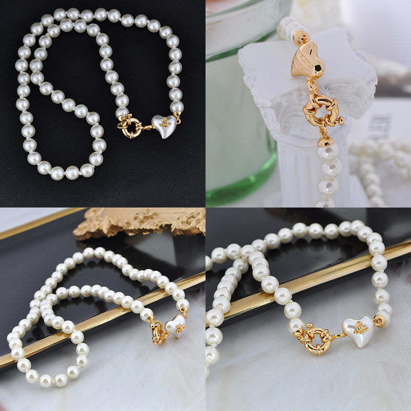 Pearl Heart Design Pendant Choker Necklace Gold & Silver (2 Colors)