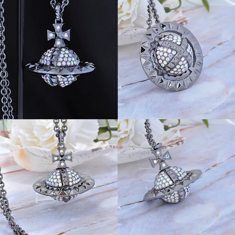 Spiked Edge Rim Gem Studded Orb Pendant Necklace (5 Colors)