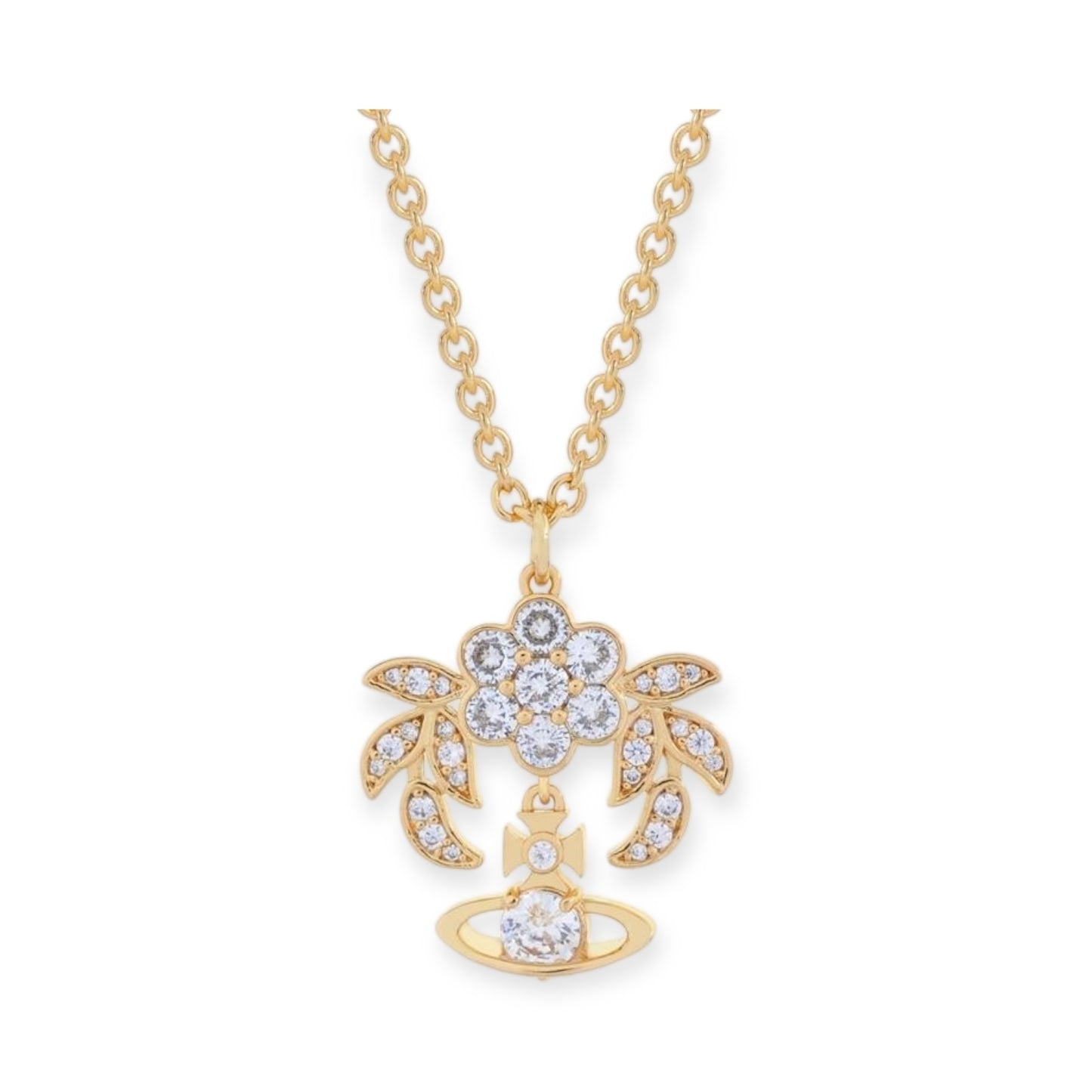 Flower Studded Leaves Mini Gem Orb Hanging Pendant Necklace (4 Colors)