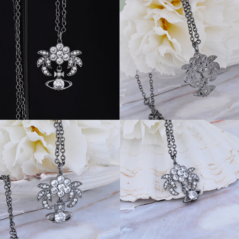 Flower Studded Leaves Mini Gem Orb Hanging Pendant Necklace (4 Colors)
