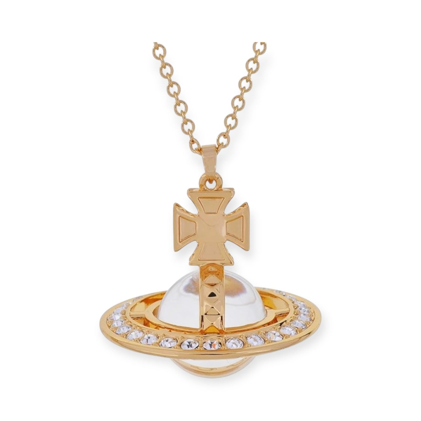 Spiked Edge Gem Studded Rim 3D Cross Clear Orb Pendant Necklace (3 Colors)