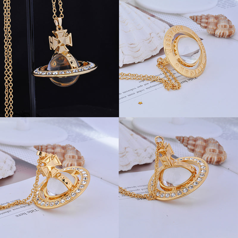 Spiked Edge Gem Studded Rim 3D Cross Clear Orb Pendant Necklace (3 Colors)