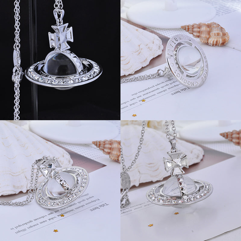 Spiked Edge Gem Studded Rim 3D Cross Clear Orb Pendant Necklace (3 Colors)