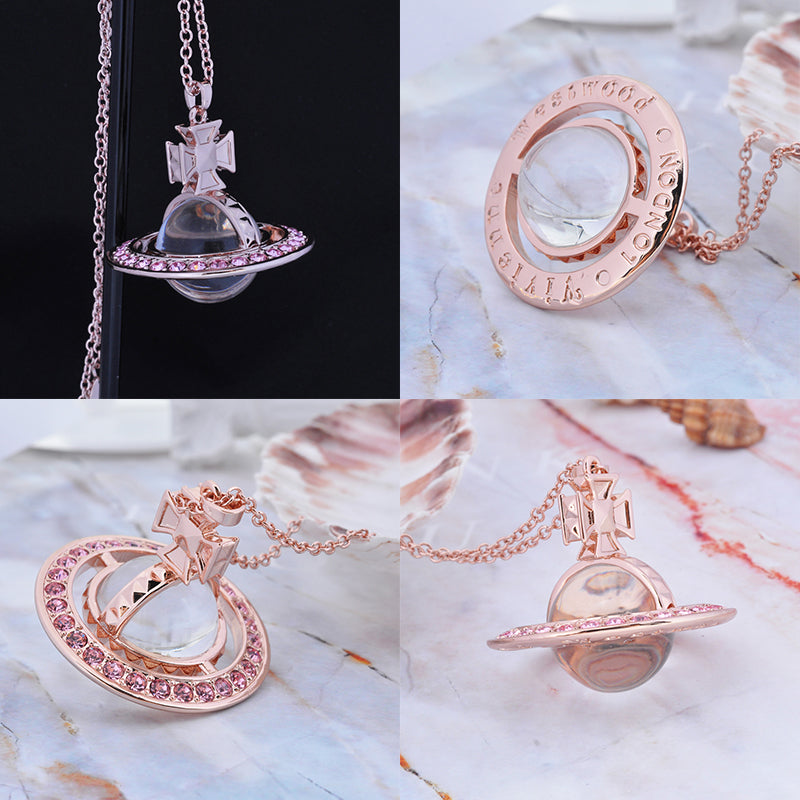 Spiked Edge Gem Studded Rim 3D Cross Clear Orb Pendant Necklace (3 Colors)