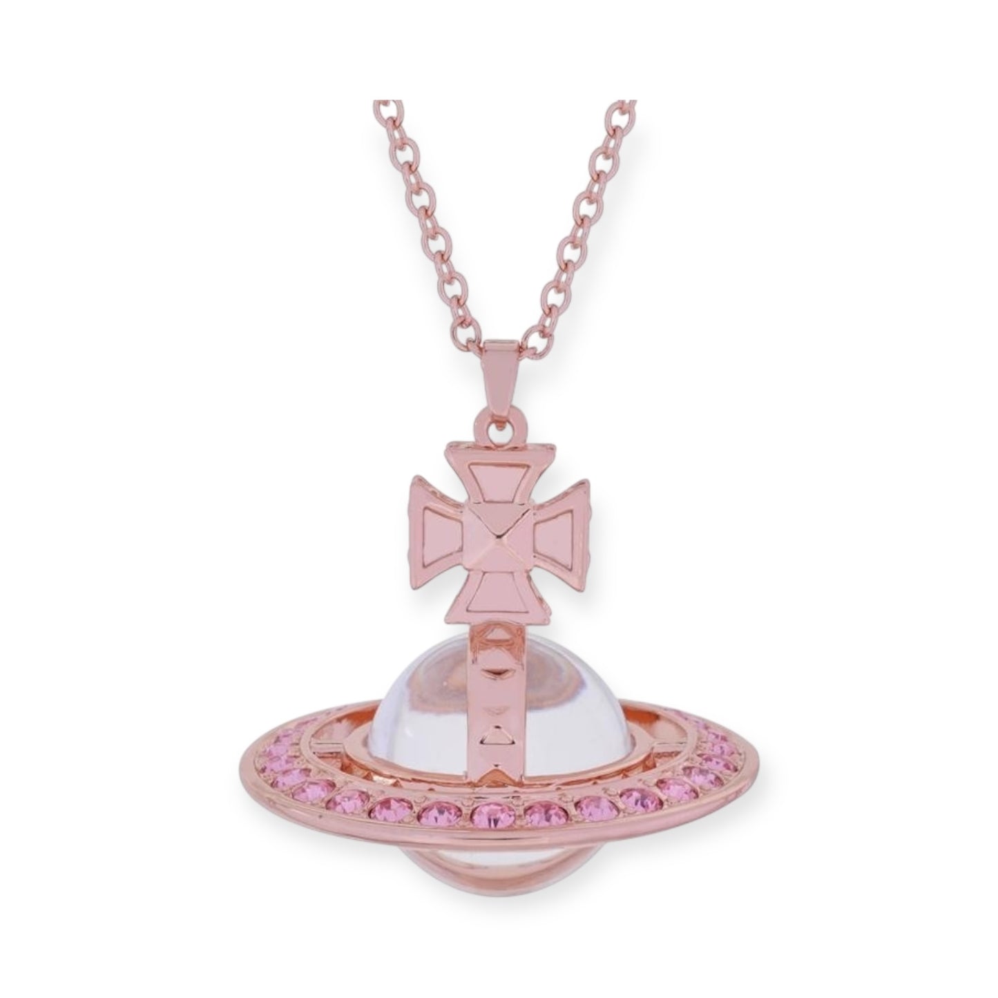 Spiked Edge Gem Studded Rim 3D Cross Clear Orb Pendant Necklace (3 Colors)