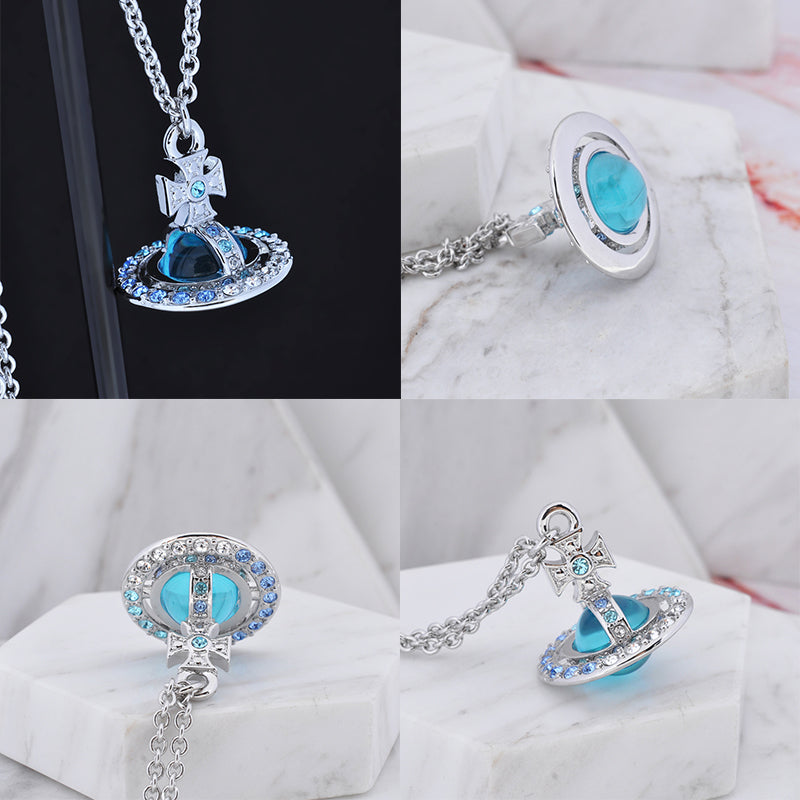 Multi Colored Gem Studded Rim Orb Pendant Necklace (3 Colors)