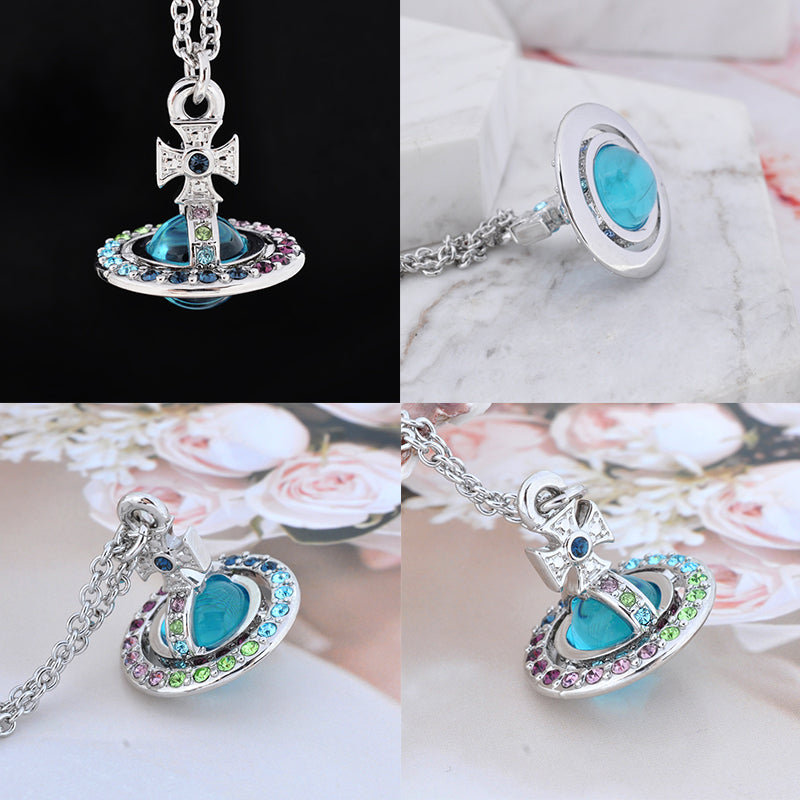 Multi Colored Gem Studded Rim Orb Pendant Necklace (3 Colors)