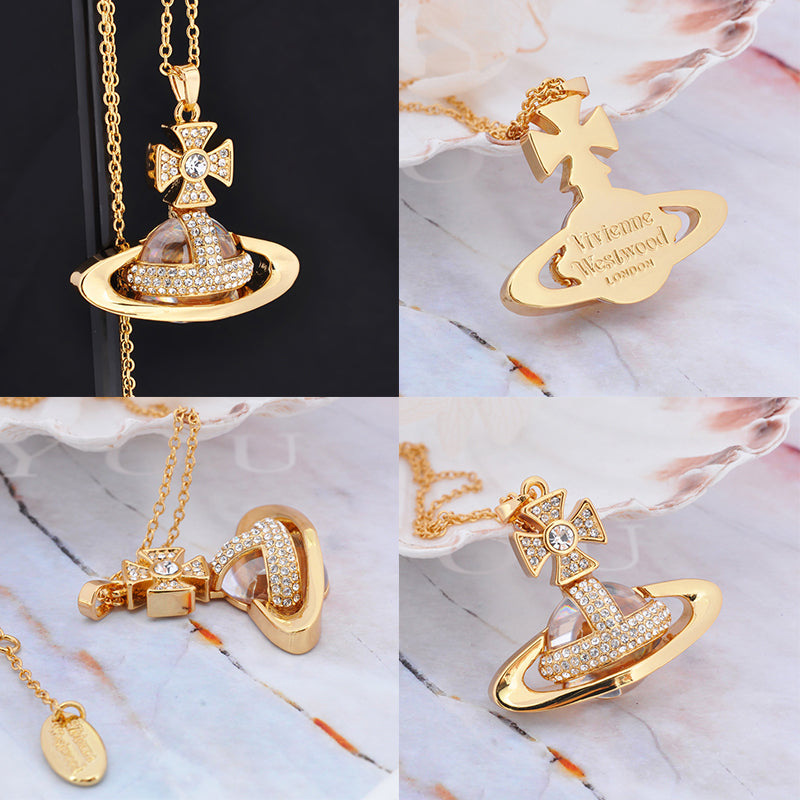 2D Gem Studded Clear Orb Pendant Necklace Gold & Silver (2 Colors & 2 Sizes)