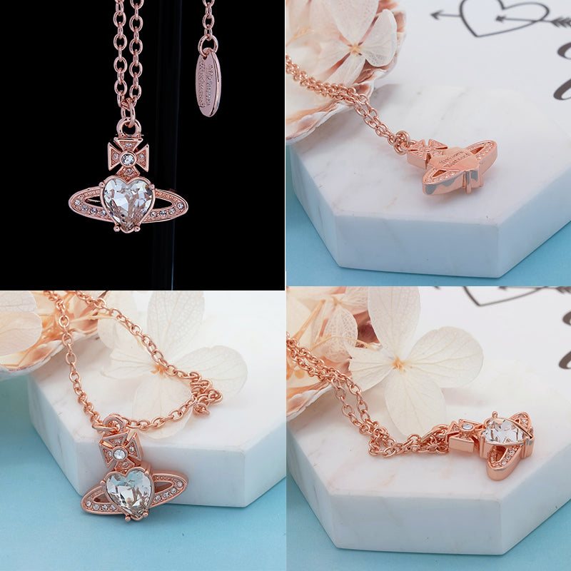 Princess Heart Shaped Gemstone Studded Orb 2D Pendant Necklace (5 Colors)