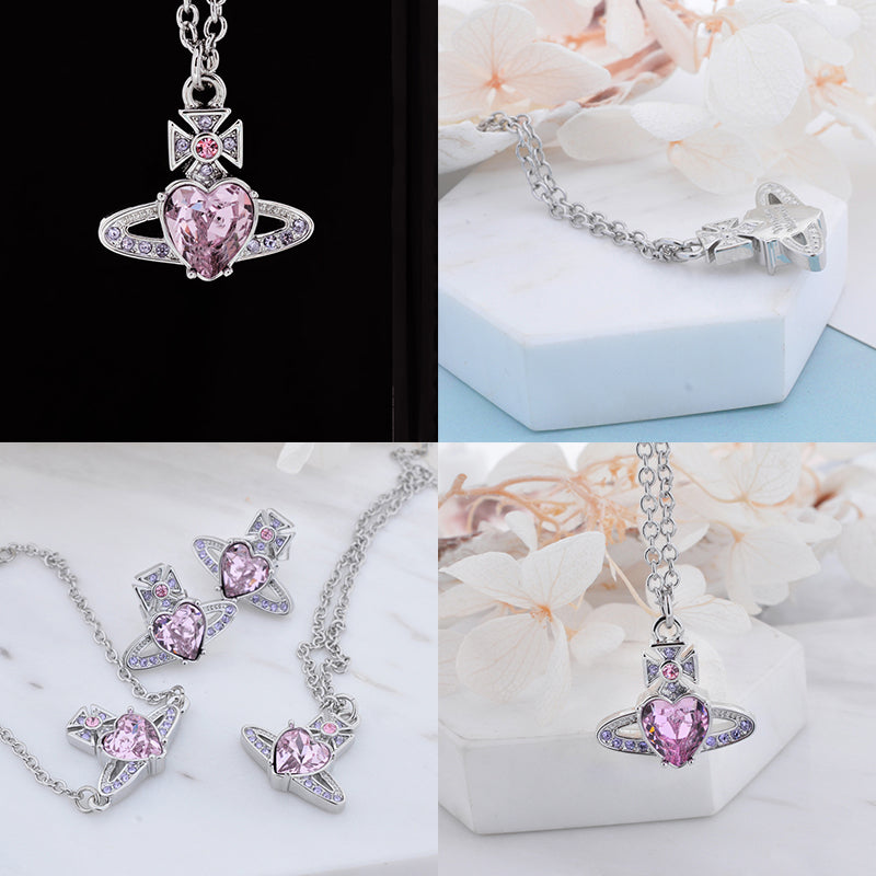 Princess Heart Shaped Gemstone Studded Orb 2D Pendant Necklace (5 Colors)