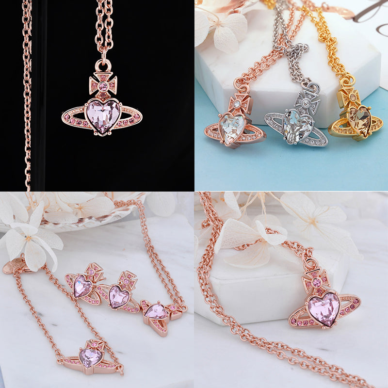 Princess Heart Shaped Gemstone Studded Orb 2D Pendant Necklace (5 Colors)