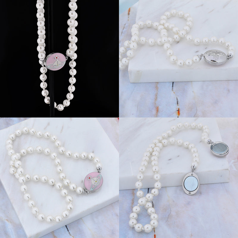 Beaded Pearl Chain Orb Engraved Pendant Magnetic Clasp Choker Necklace (4 Colors)