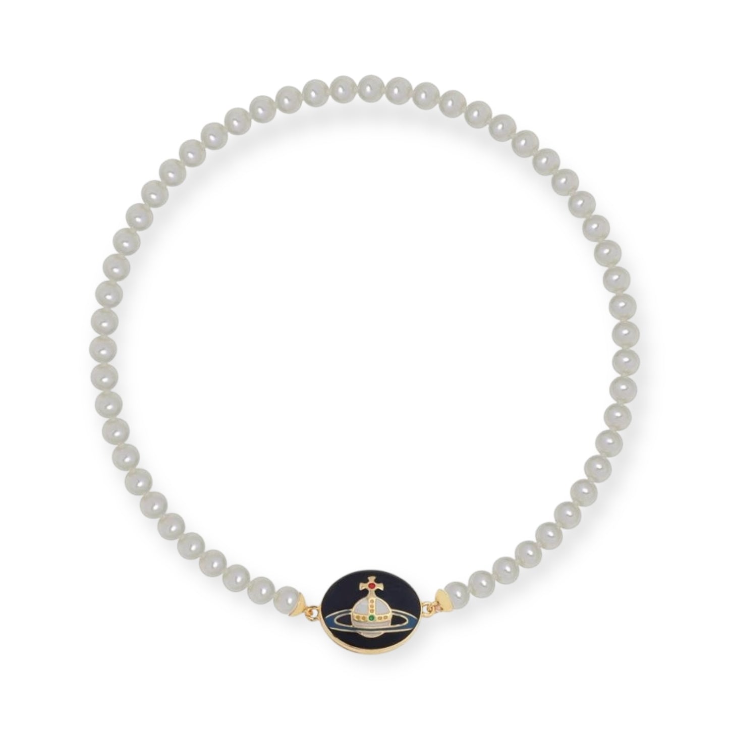 Beaded Pearl Chain Orb Engraved Pendant Magnetic Clasp Choker Necklace (4 Colors)