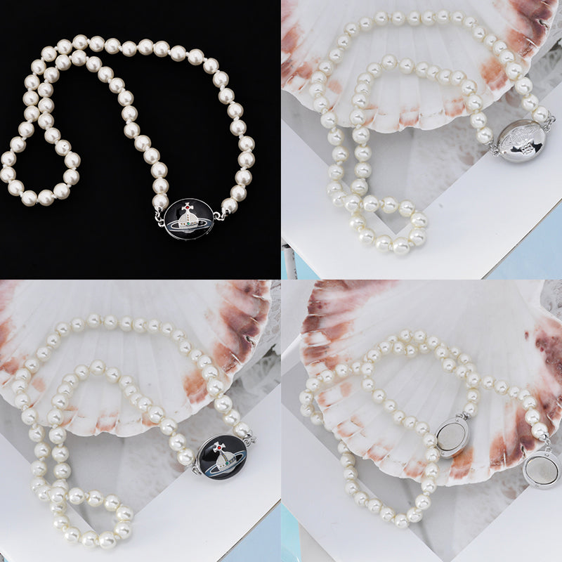 Beaded Pearl Chain Orb Engraved Pendant Magnetic Clasp Choker Necklace (4 Colors)