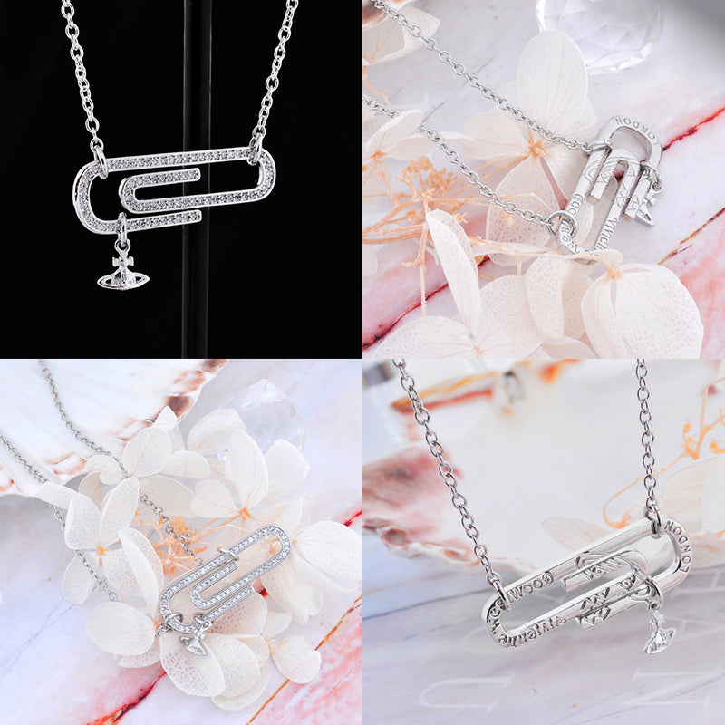 Gem Studded Paperclip Mini Hanging Orb Pendant Necklace Gold & Silver (2 Colors)