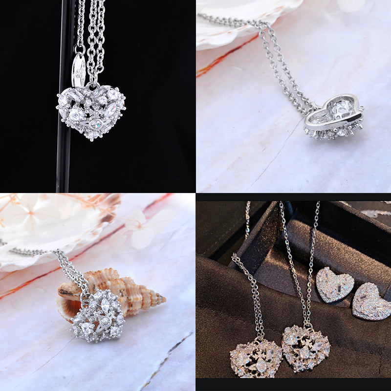 Rhinestone Abstract Heart Design Orb Silver Pendant Necklace