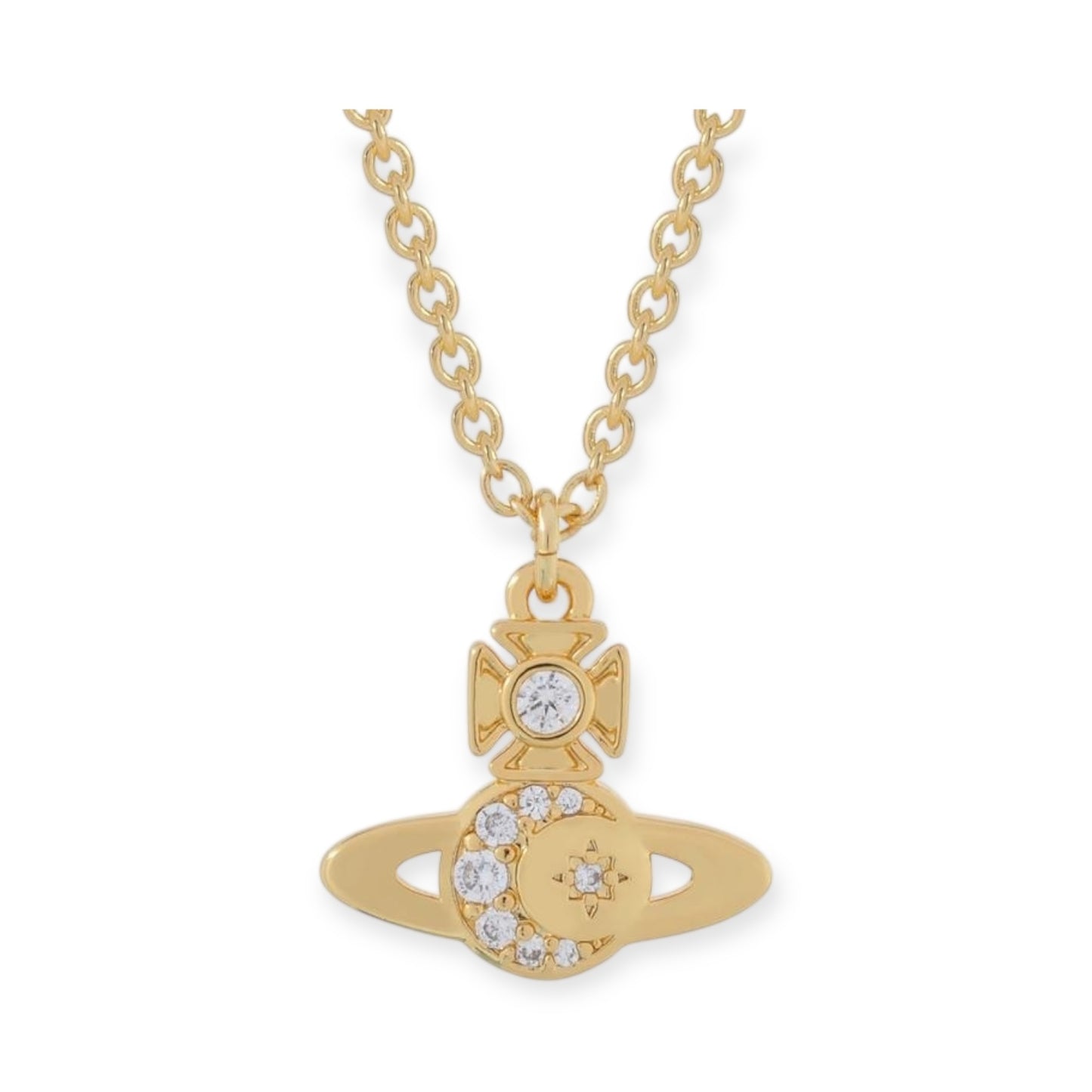 Gem Studded Crescent Moon Stars Display Orb Pendant Necklace Gold & Silver (2 Colors)