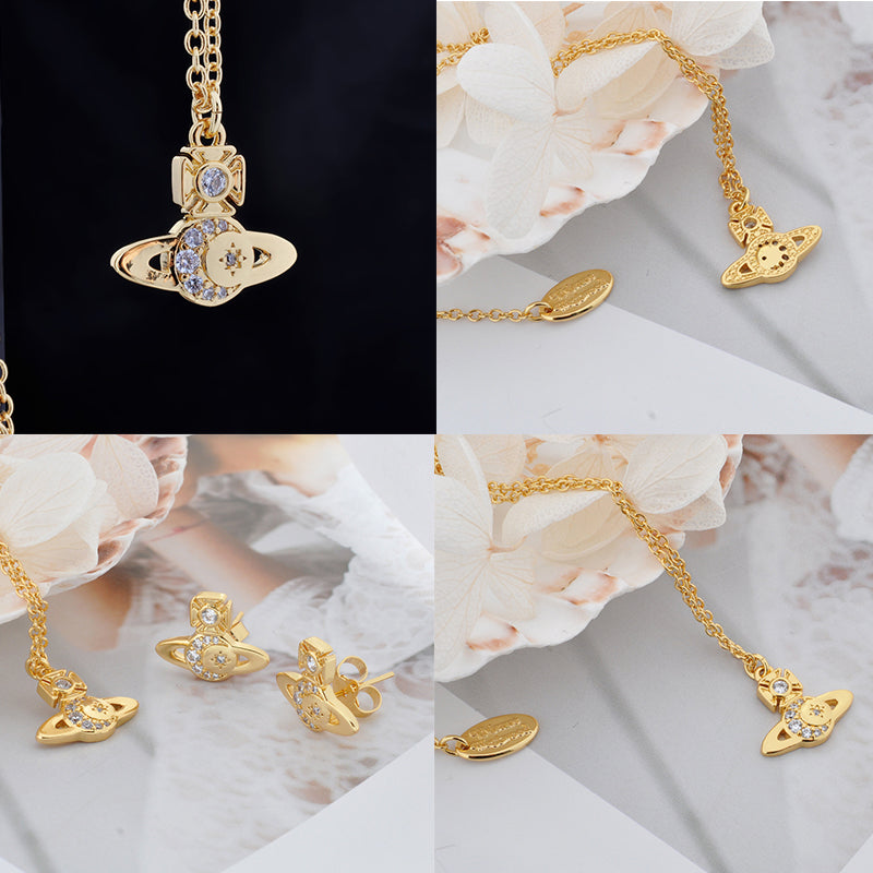 Gem Studded Crescent Moon Stars Display Orb Pendant Necklace Gold & Silver (2 Colors)