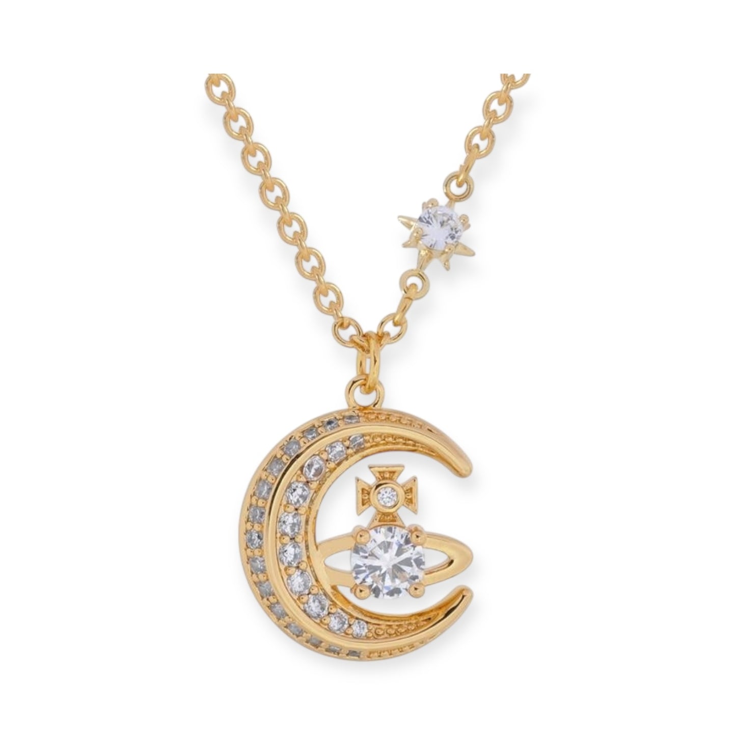 Gem Studded Crescent Moon Orb Pendant Necklace Gold & Silver (2 Colors)