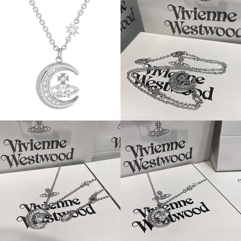 Gem Studded Crescent Moon Orb Pendant Necklace Gold & Silver (2 Colors)