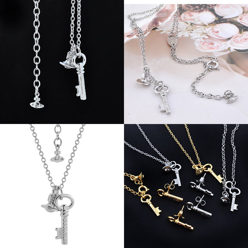 Key Pendant Double Hanging Orb Charms Necklace Gold & Silver (2 Colors)