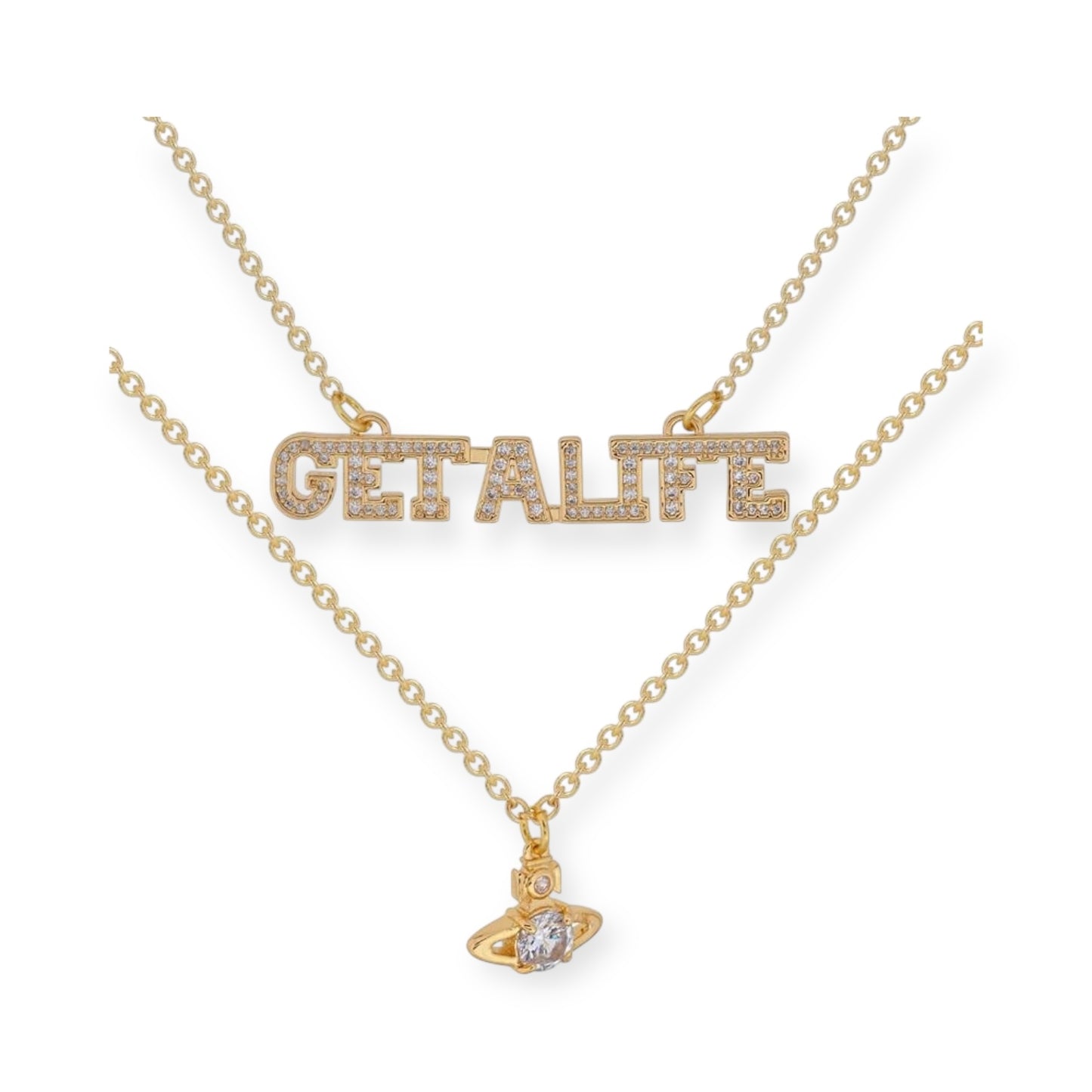 Double Chain Gem Studded "GET A LIFE" Pendant & Mini Orb Pendant Gold & Silver (2 Colors)