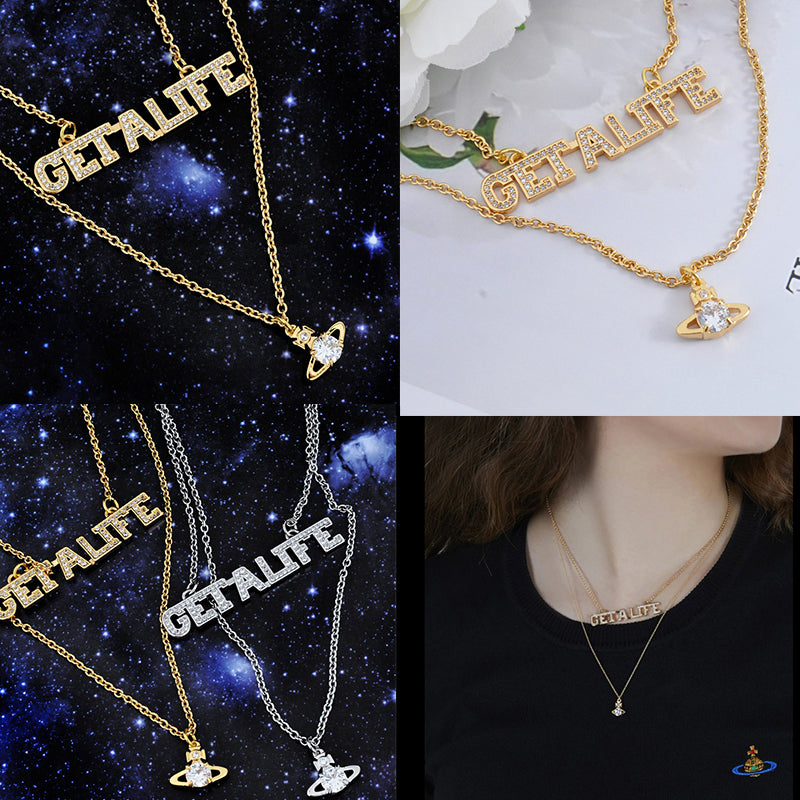 Double Chain Gem Studded "GET A LIFE" Pendant & Mini Orb Pendant Gold & Silver (2 Colors)