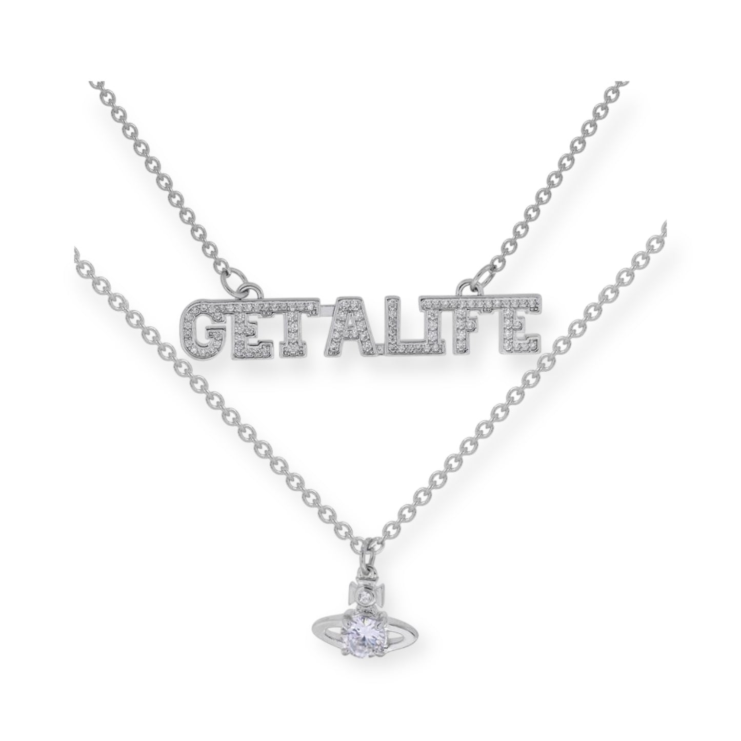 Double Chain Gem Studded "GET A LIFE" Pendant & Mini Orb Pendant Gold & Silver (2 Colors)