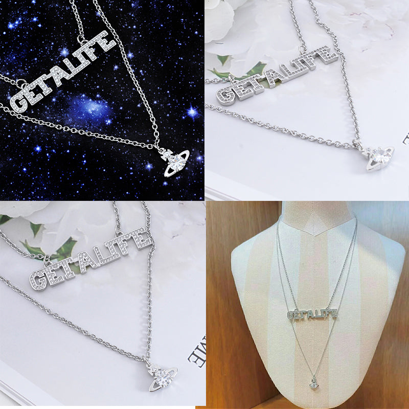 Double Chain Gem Studded "GET A LIFE" Pendant & Mini Orb Pendant Gold & Silver (2 Colors)