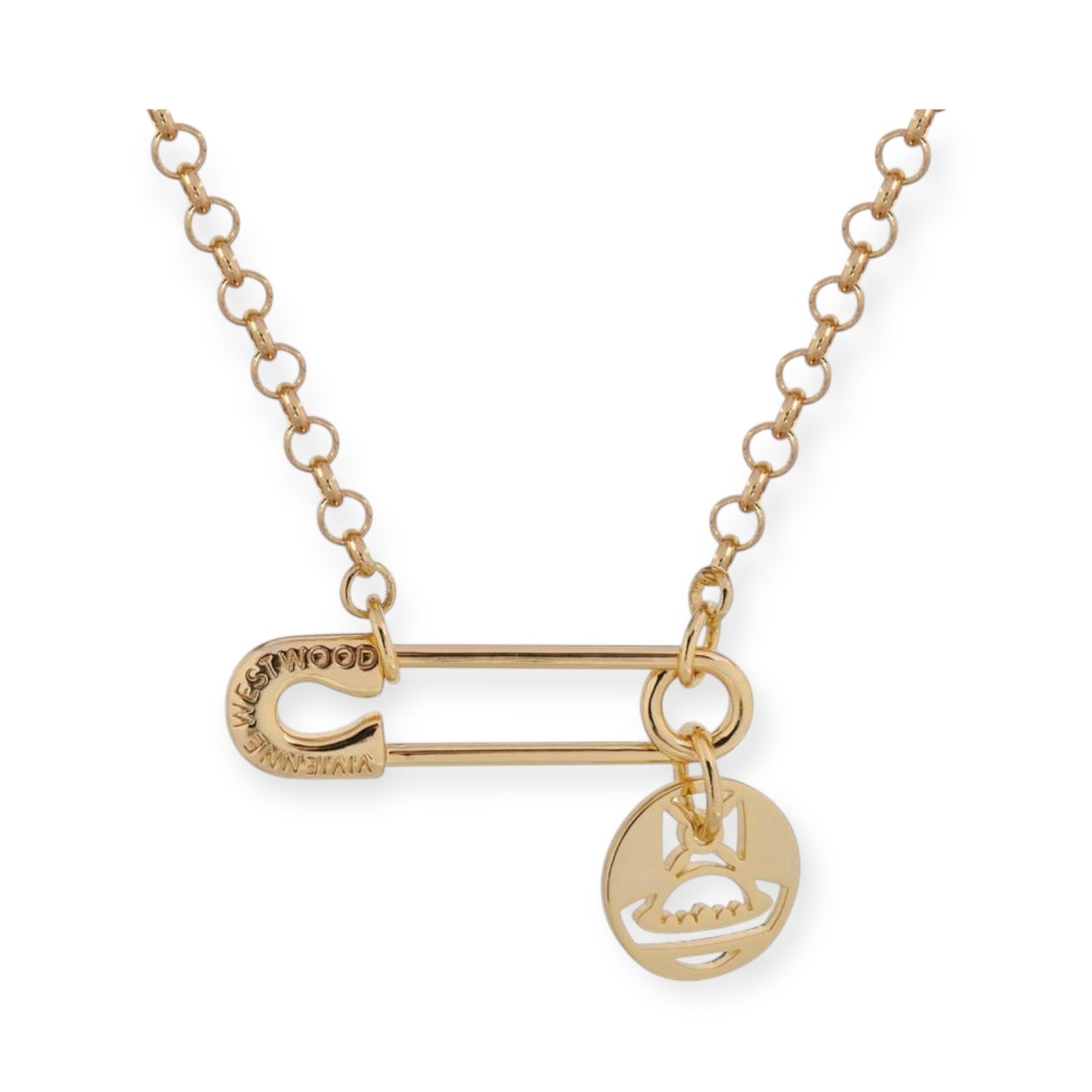 Safety Pin Hanging Cutout Orb Design Pendant Necklace Gold & Silver (2 Colors)