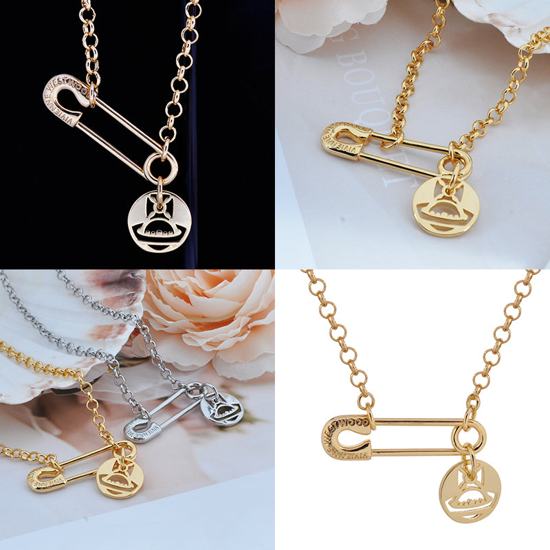 Safety Pin Hanging Cutout Orb Design Pendant Necklace Gold & Silver (2 Colors)