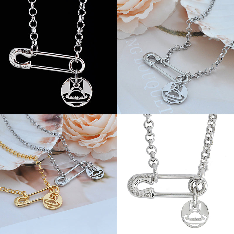 Safety Pin Hanging Cutout Orb Design Pendant Necklace Gold & Silver (2 Colors)