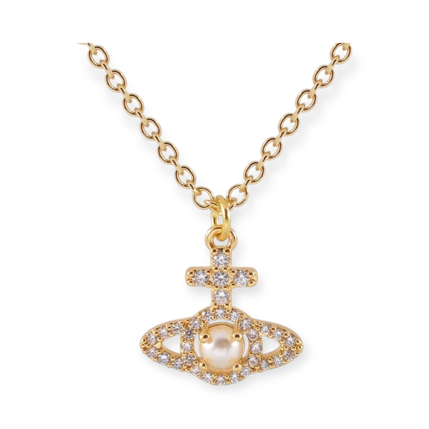 Gem Studded Orb Middle Pearl Pendant Necklace Gold & Silver (2 Colors)