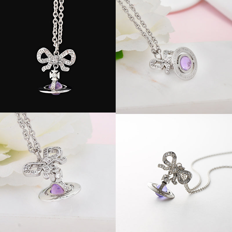 Gem Studded Bow Ribbon Mini Orb Pendant Necklace Pink & Purple (2 Colors, 2 Styles)