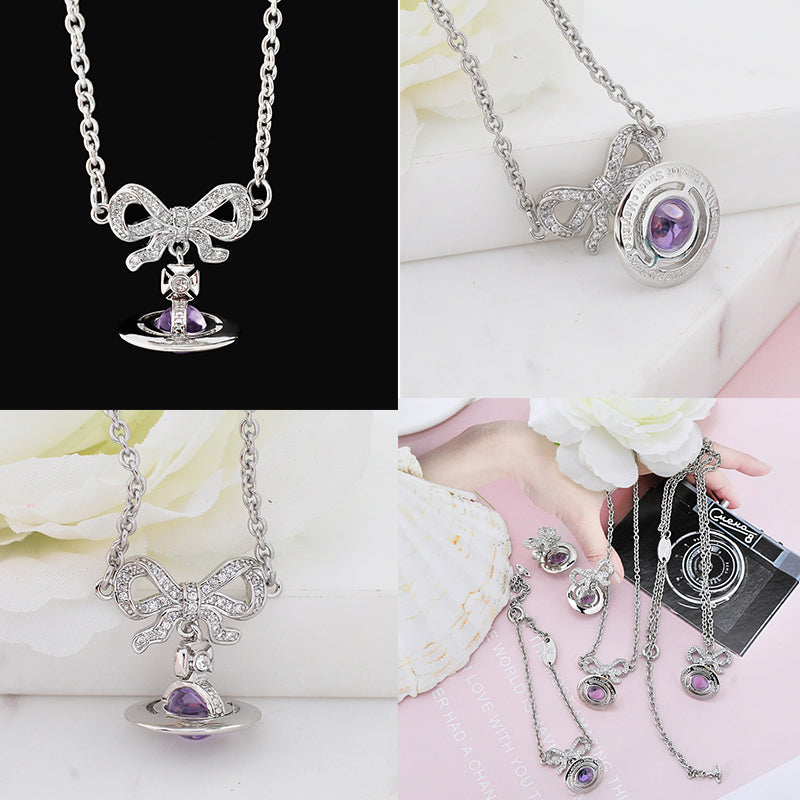 Gem Studded Bow Ribbon Mini Orb Pendant Necklace Pink & Purple (2 Colors, 2 Styles)