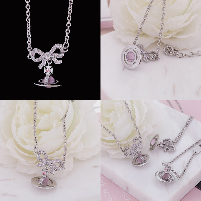 Gem Studded Bow Ribbon Mini Orb Pendant Necklace Pink & Purple (2 Colors, 2 Styles)