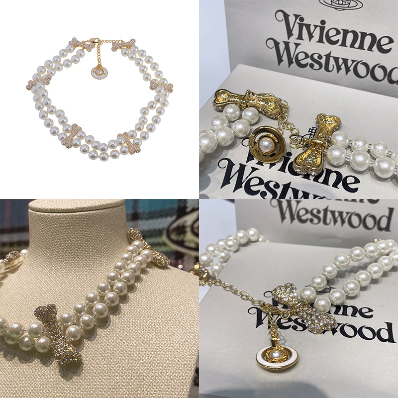 Double Layer Pearl Gem Studded Multi Bones Orb Clasp Choker Necklace Gold & Silver (2 Color)