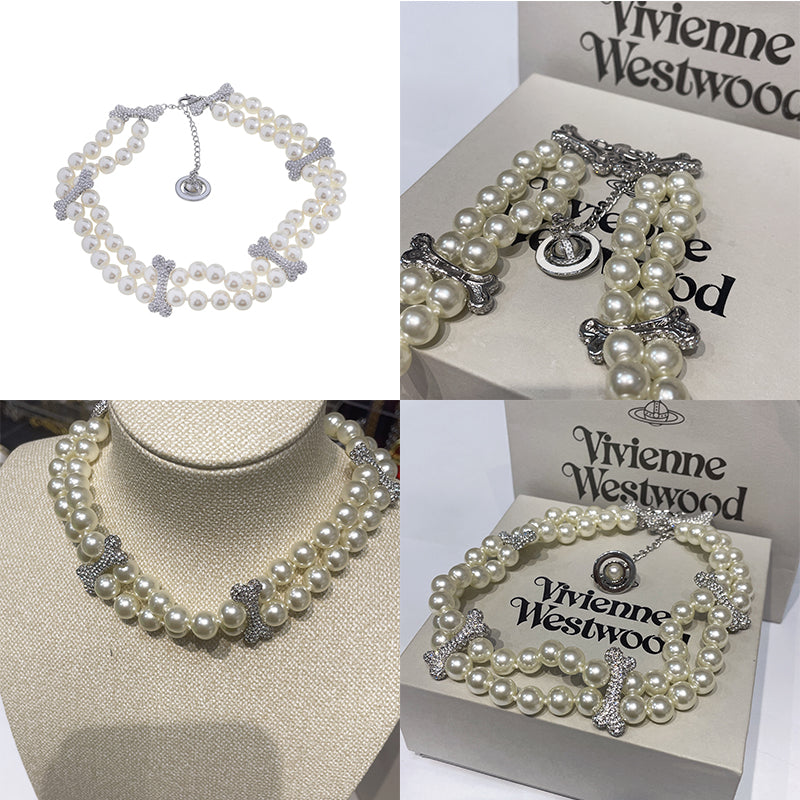 Double Layer Pearl Gem Studded Multi Bones Orb Clasp Choker Necklace Gold & Silver (2 Color)