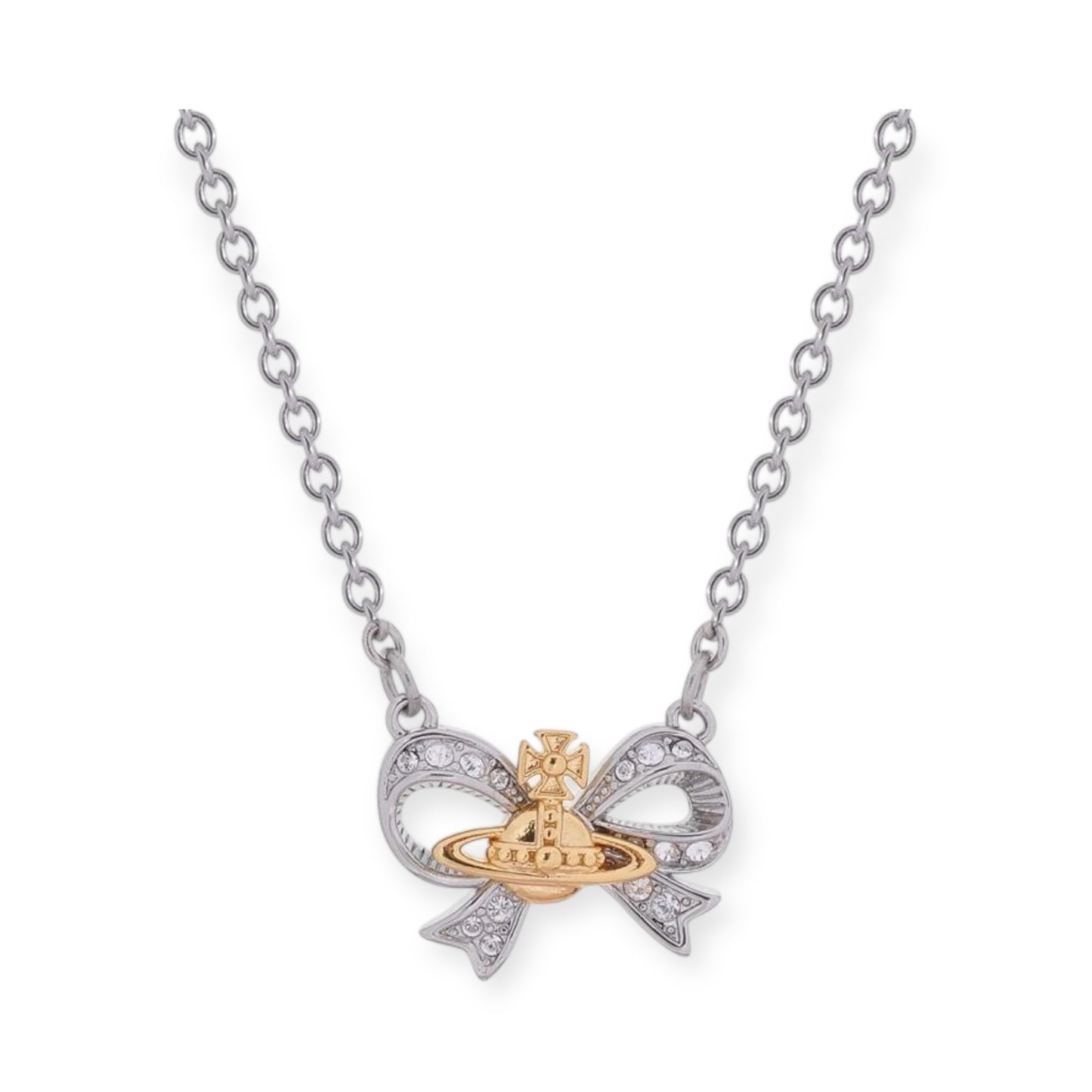 Gem Studded Ribbon Bow Orb Pendant Necklace Silver & Rose Gold (2 Colors)