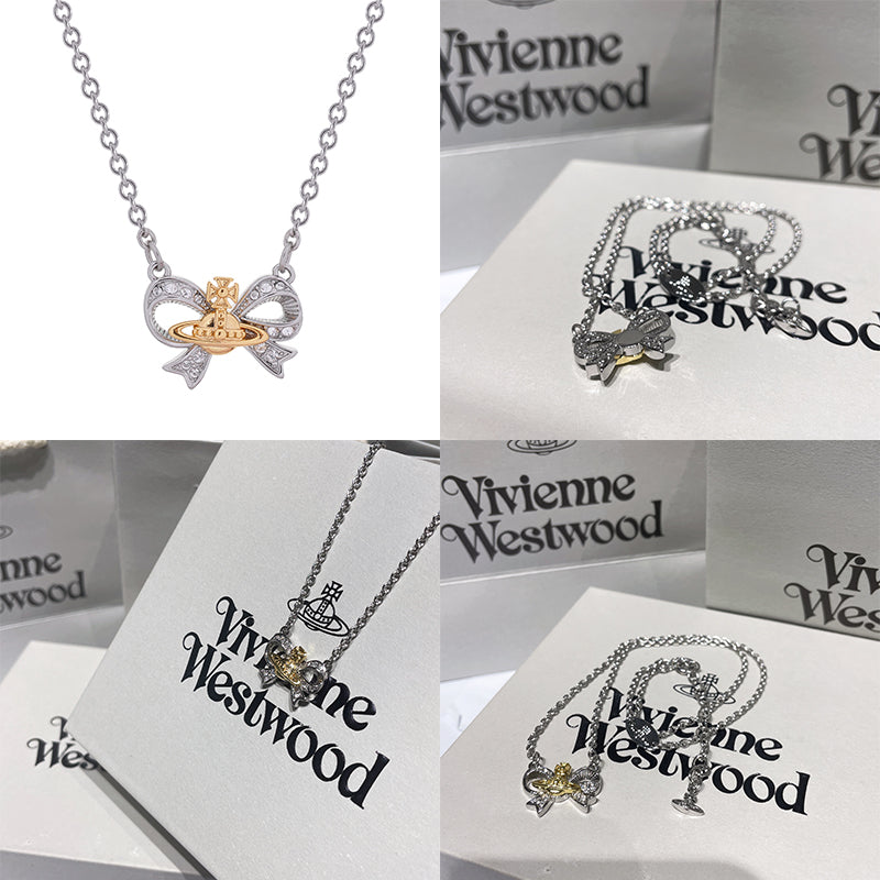 Gem Studded Ribbon Bow Orb Pendant Necklace Silver & Rose Gold (2 Colors)