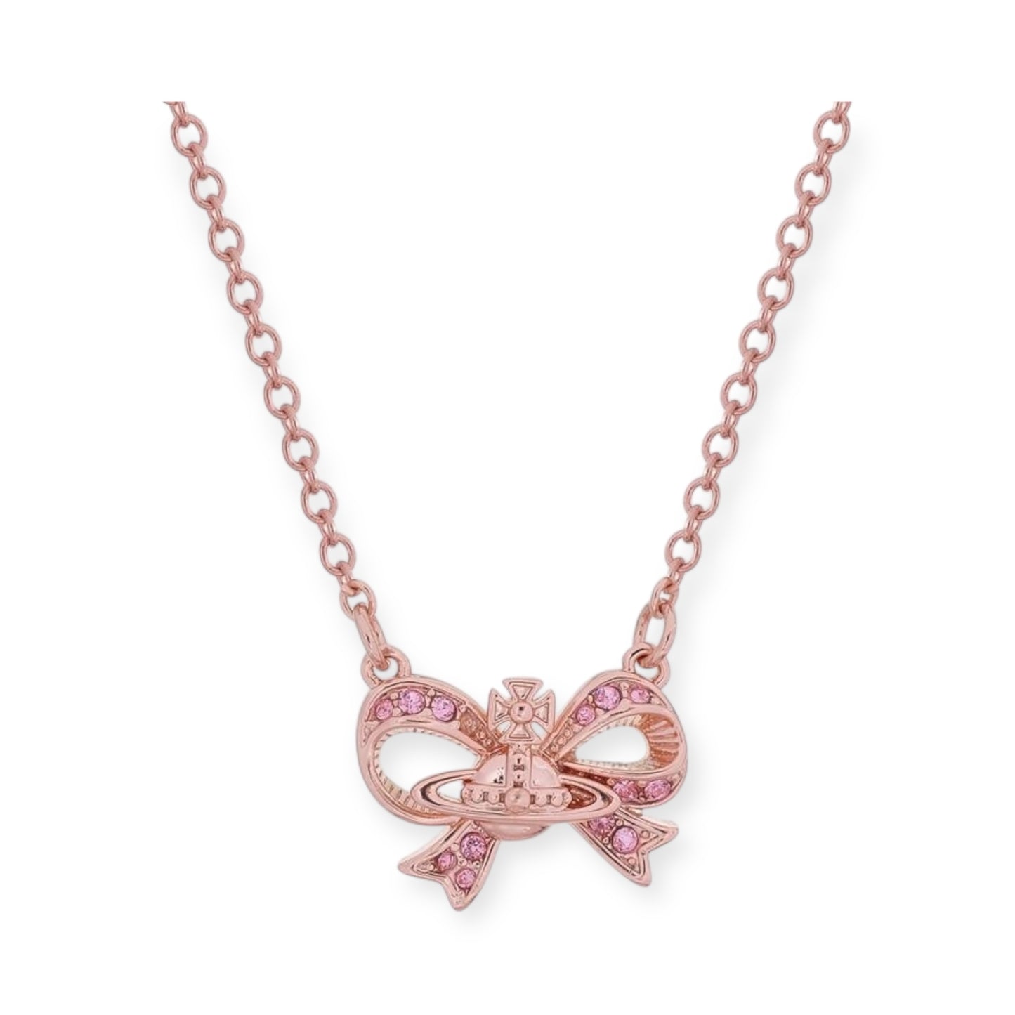 Gem Studded Ribbon Bow Orb Pendant Necklace Silver & Rose Gold (2 Colors)